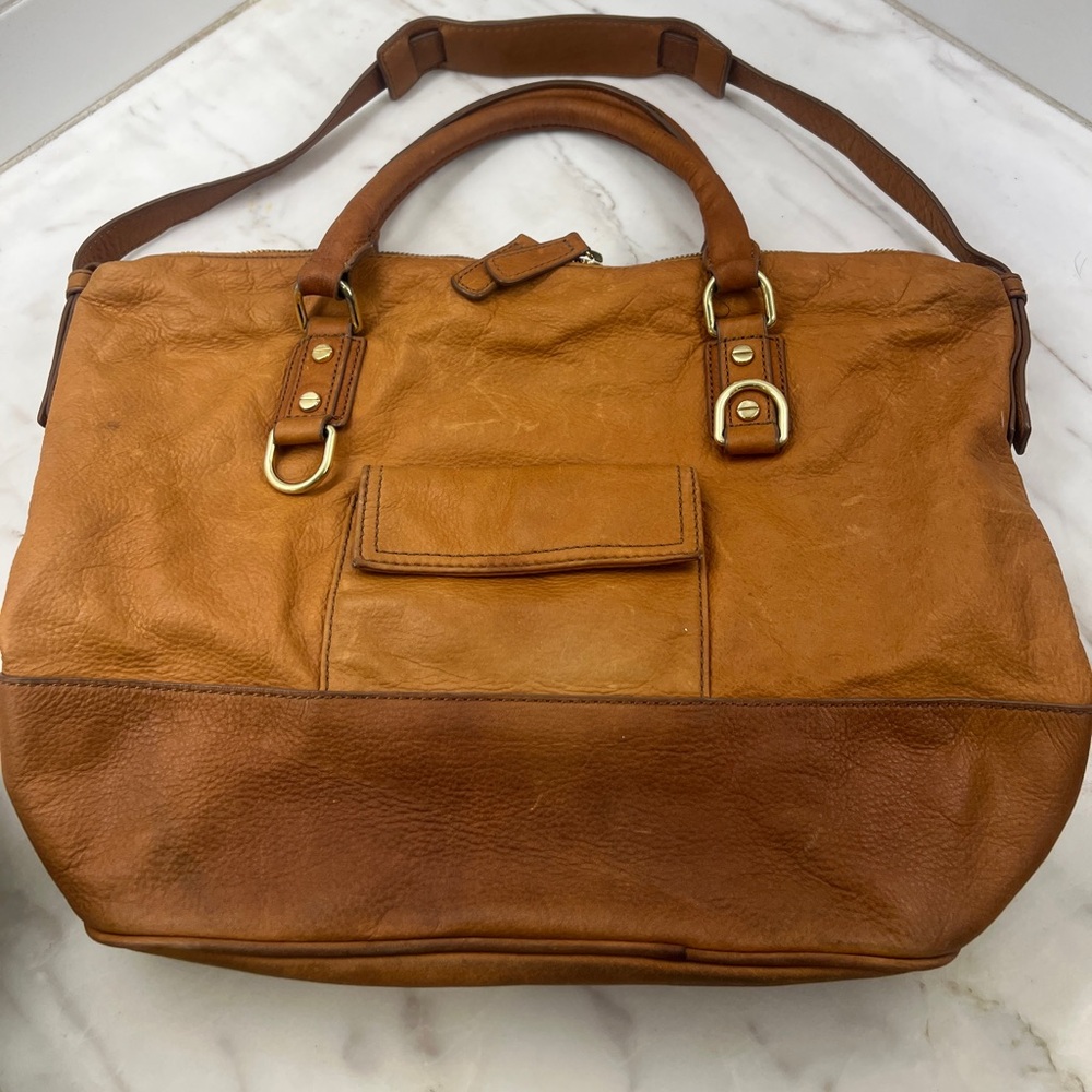 J. Crew 🧡 Marlow Cognac Brown Leather 🧡 Two Tone Hobo Bag Purse Tote - Picture 3 of 15
